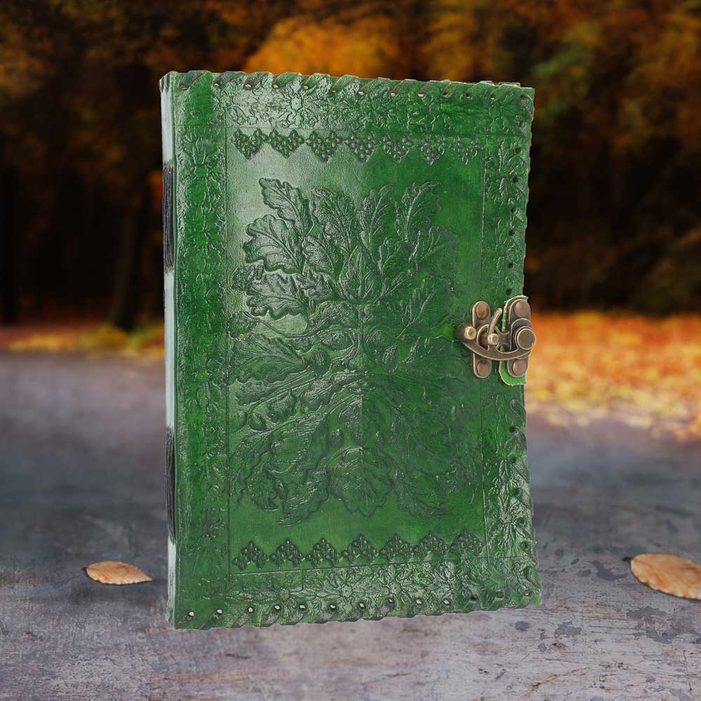 Real Leather Greenman Green Embossed Journal with Lock  25 x 18cm