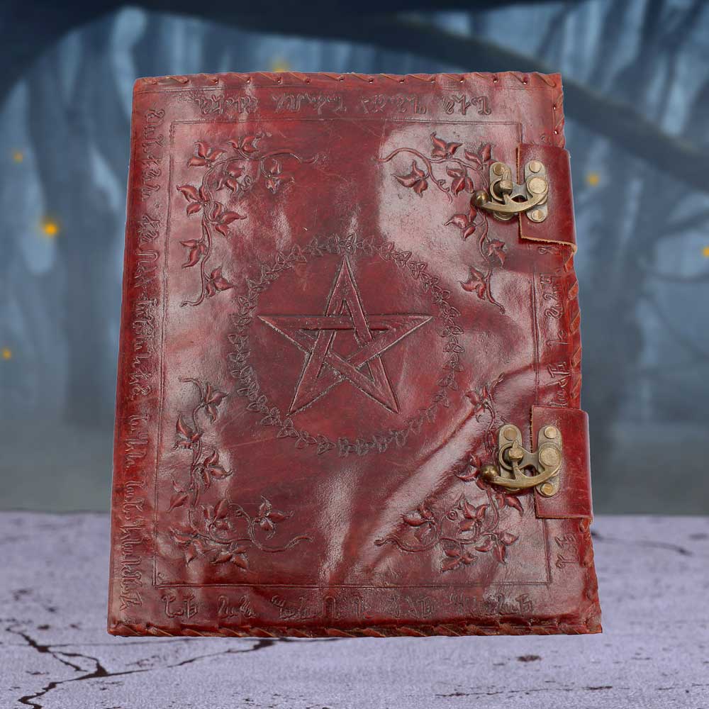 Large Lockable Red Leather Book of Shadow With Embossed Floral Pentagram. 35cm