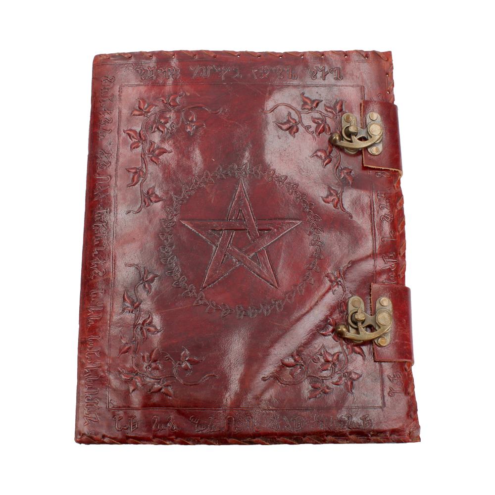 Large Lockable Red Leather Book of Shadow With Embossed Floral Pentagram. 35cm