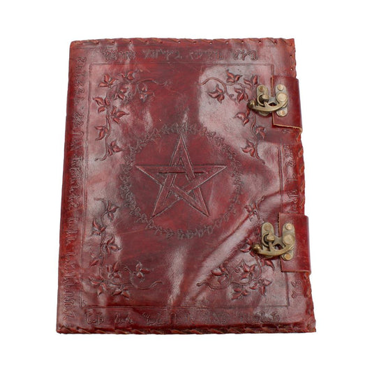 Large Lockable Red Leather Book of Shadow With Embossed Floral Pentagram. 35cm